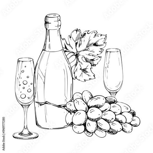 Champagne bottle, flute glasses with bubbly sparkling drink, grape bunch and leaf. Isolated vector composition hand drawn in ink. Wine education materials, table cards and placemats, catering flyers