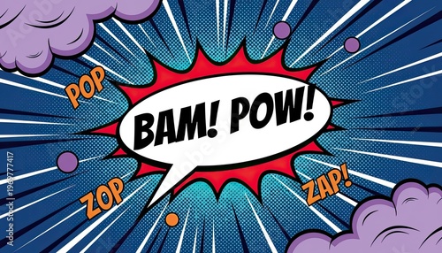 Dynamic comic book explosion with bam pow zap pop sound effect words radiating lines purple clouds and vibrant halftone dots illustrating action impact and creative ideas