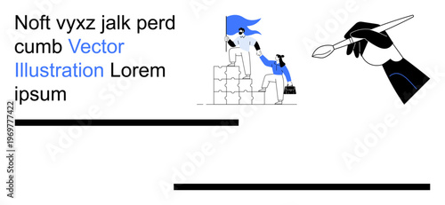 Teamwork, collaboration, creativity, design process, business solutions, artistic tools. A person helping another climb a step, hand holding a pen. Teamwork and creativity concept