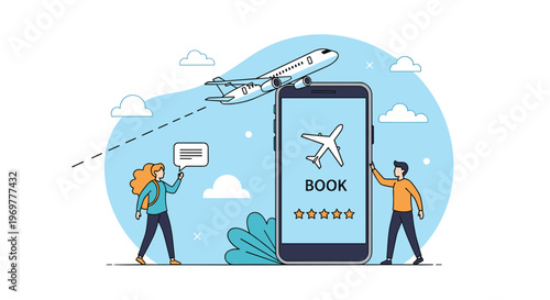 Travel booking concept showing a flight search and reservation on a smartphone screen with travelers and an airplane flying above them.
