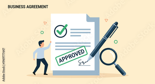 Business agreement and contract approval concept with a document signed and stamped next to a pen and a magnifying glass for review.