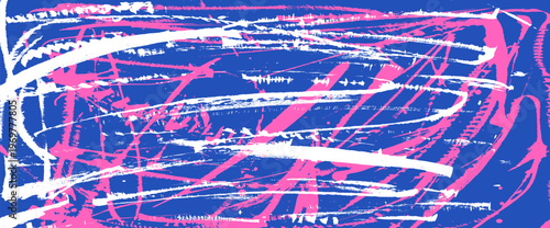 Paint rough brush stroke background. White and pink angular brush textures, dynamic stroke patterns, graphic spray effects with punk grunge blue cover. Vector urban street messy bg.