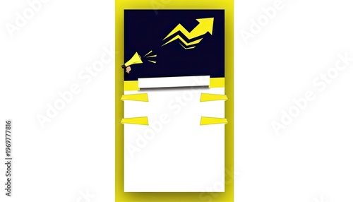 Bright yellow megaphone with energetic zigzagging arrow graphic symbolizing innovation idea generation and successful business growth against a dark blue background with copy