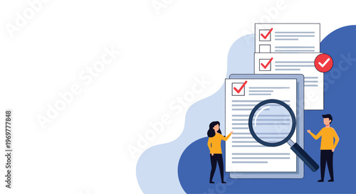 Team of professionals examining multiple checked documents with a magnifying glass to verify accuracy and completion of business tasks.