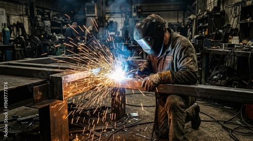 Welder at work in industrial workshop with sparks flying