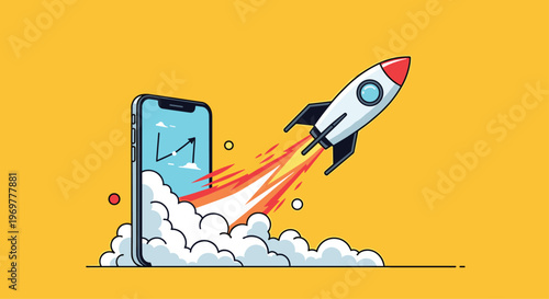 Space rocket launching from a smartphone screen through clouds on a yellow background symbolizing startup growth and tech innovation.
