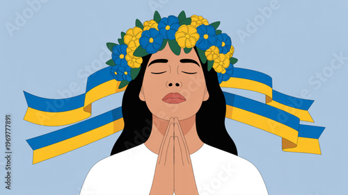 Woman with hands clasped in prayer wearing ukrainian floral crown and ribbons serene expression symbolizing peace and solidarity