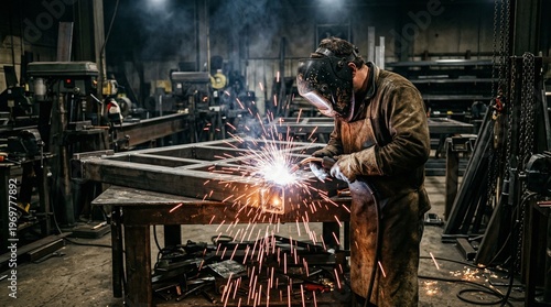 Man working in a fabrication shop with sparks flying.
