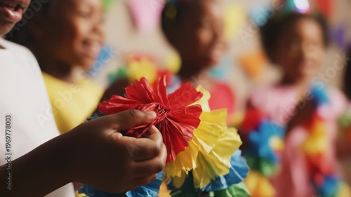 African American children engaged in crafting colorful paper pom-poms, showcasing vibrant decorations in a festive indoor setting with cheerful expressions and bright colors