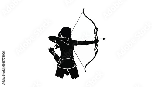 Black silhouette of a female archer aiming a bow and arrow