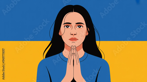 Woman with hands clasped in prayer against ukraine flag background symbolizing hope and solidarity