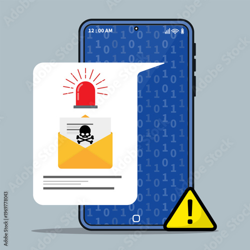 Mobile alert showing phishing email with malware warning. Concept of cyber attack, data breach risk, and smartphone phishing email.