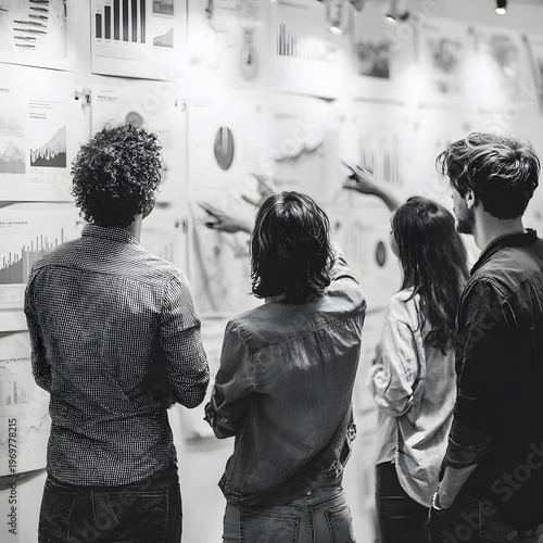Diverse Team Analyzing Business Charts on Wall - Black & White
