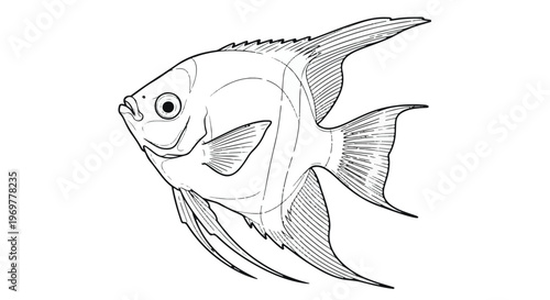Black and white illustration of a fish with fins and tail