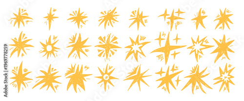Pastel brush crayon stars falling. Yellow crayon twinkles spark set. Pencil brush scribble magic twinkles collection. Kids stardust sticker blinks. Christmas decoration. Vector asterisk no bg.