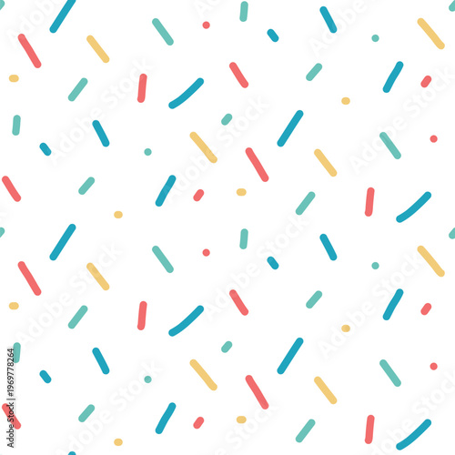 Abstract sprinkles dots dash colorful seamless pattern. Small dash funky random sprinkles background. Simple birthday confetti wallpaper. Vector surface design. Fun party repeat illustration design.