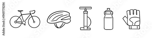 Collection of essential cycling equipment icons for outdoor sports and fitness