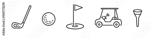 Collection of simple line art icons representing golf equipment and elements