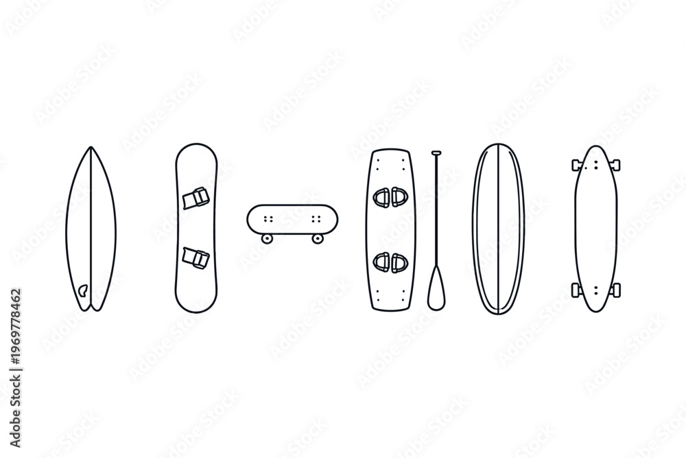 Fototapeta premium Collection of water and land sports boards and paddle in a clean line art style