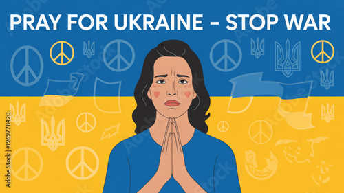 Woman praying for peace in ukraine with peace signs and flags background