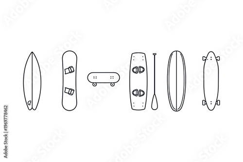 Collection of water and land sports boards and paddle in a clean line art style