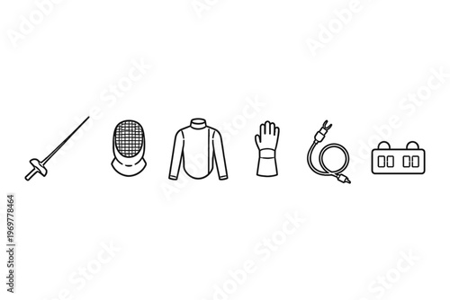 Fencing equipment icons: foil, mask, jacket, glove, wire, and scoring device
