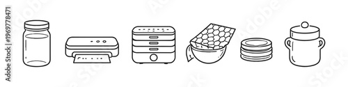 Collection of kitchen appliances and food preparation tools in a line drawing style