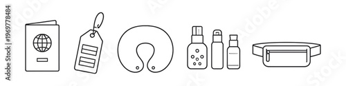 Travel essentials collection: passport, tag, neck pillow, toiletries, and waist bag