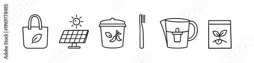 Eco-friendly lifestyle icons: reusable bag, solar panel, recycling bin, toothbrush, water filter, seeds