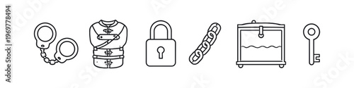 Collection of icons representing restraint, confinement, and escape elements