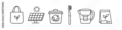 Set of icons representing eco-friendly lifestyle choices and sustainable living practices