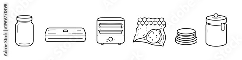 Collection of kitchen appliances and food preservation tools for home use