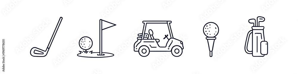 Fototapeta premium Collection of golf icons including a club, ball, flag, cart, and bag