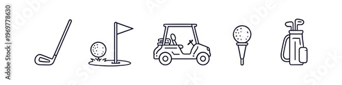 Collection of golf icons including a club, ball, flag, cart, and bag