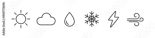 Collection of simple weather icons representing sun, cloud, rain, snow, lightning, and wind