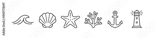 Collection of simple line art icons representing the ocean and nautical themes