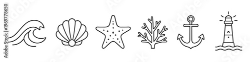 Nautical icons collection: wave, shell, starfish, coral, anchor, and lighthouse