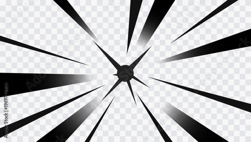 Abstract radial burst with sharp black rays exploding from the center on transparent background. Dynamic starburst effect with high contrast, suitable for comic, impact, speed and energy visuals.