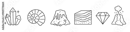 Collection of geological and paleontological icons including crystals, fossils, and volcanoes