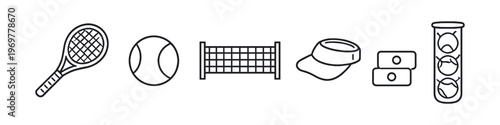 Collection of tennis equipment icons including racket, ball, net, visor, and balls in a tube