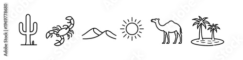 Collection of desert and oasis icons including cactus, scorpion, dunes, sun, camel, and palm trees