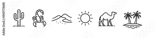 Collection of desert and oasis icons including cactus, scorpion, dunes, sun, camel, and palms
