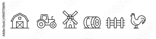 Collection of farm icons including barn, tractor, windmill, hay bale, fence, and rooster