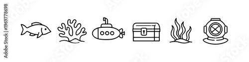 Collection of simple line art icons representing underwater exploration and marine life