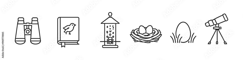 Fototapeta premium Collection of line art icons representing bird watching and nature observation activities