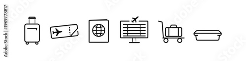 Collection of travel icons including luggage, boarding pass, passport, and airport screen
