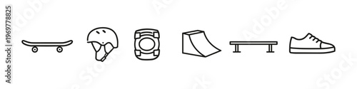 Skateboarding equipment icons including skateboard, helmet, pads, ramp, rail, and shoe