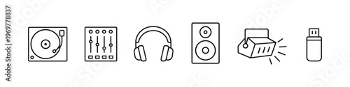 Collection of dj equipment icons including turntable, mixer, headphones, speaker, light, and USB drive