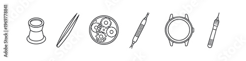 Collection of watchmaking tools and components for repair and assembly
