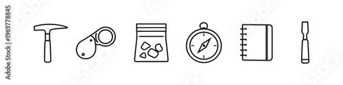 Geology exploration tools including hammer, magnifier, sample bag, compass, notebook, and chisel